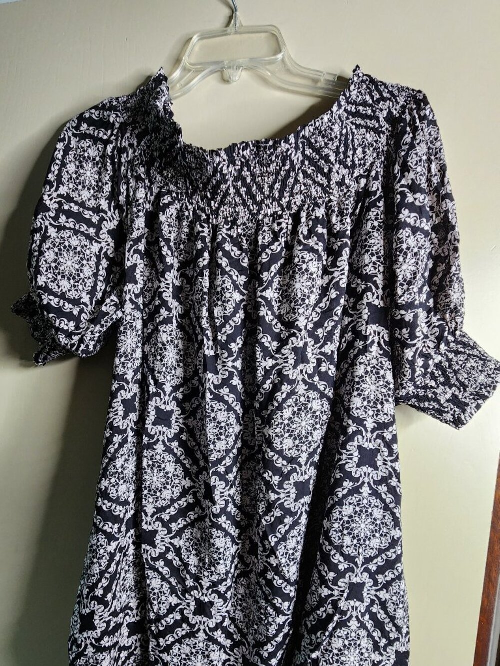 Chelsea & Theodoro Shirred Tunic/Dress – 1X, Black/White Print, Rayon